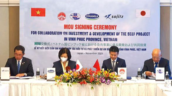 Đại diện Tập đoàn Sojitz, Công ty Vinamilk, Tỉnh Vĩnh Phúc và Vilico ký kết biên bản ghi nhớ về hợp tác đầu tư, phát triển dự án chăn nuôi và kinh doanh bò thịt (từ trái sang phải).