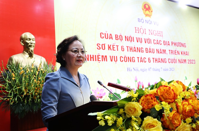 Bộ trưởng Bộ Nội vụ Phạm Thị Thanh Trà phát biểu kết luận hội nghị. Ảnh Anh Cao- Cổng thông tin diện tử Bộ Nội vụ.