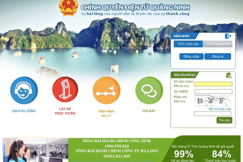 Giao diện Cổng dịch vụ công tỉnh Quảng Ninh thân thiện với người dùng, tỉ lệ hồ sơ đúng hạn đạt 99%. (Ảnh chụp màn hình).