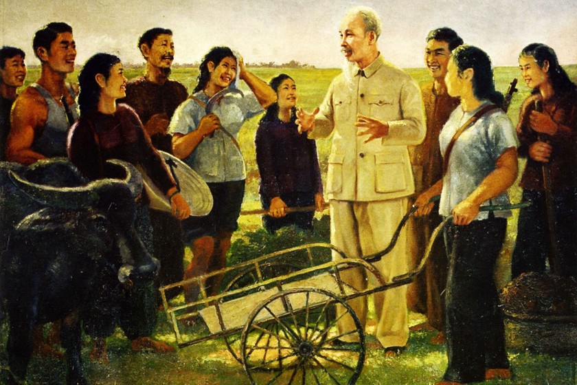 Chủ tịch Hồ Chí Minh là một tấm gương sáng về thực hành đạo đức cách mạng. (Tác phẩm Nghe lời Bác dạy của họa sĩ Vương Trình). Ảnh Tư liệu.