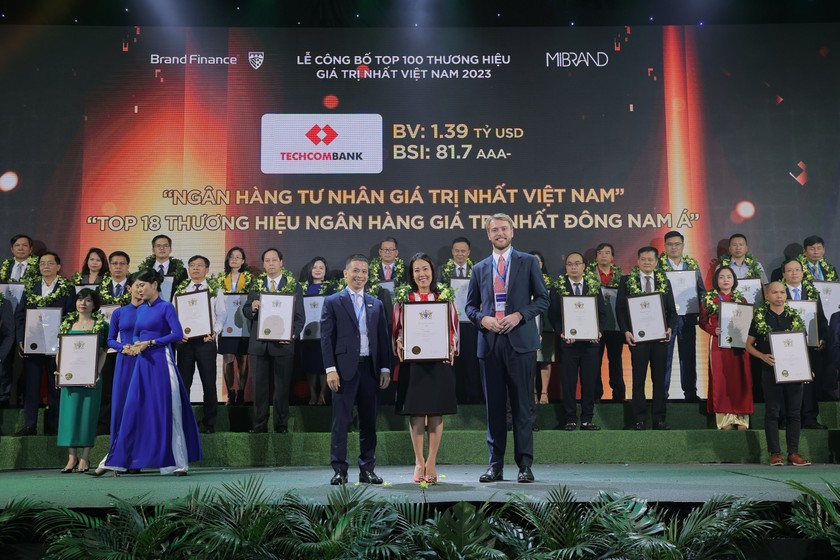 Giám đốc Khối Tiếp thị, Ngân hàng Techcombank Thái Minh Diễm Tú tại lễ công bố top 100 thương hiệu giá trị nhất Việt Nam. (Ảnh: Techcombank).
