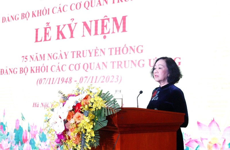 Đồng chí Trương Thị Mai, Ủy viên Bộ Chính trị, Thường trực Ban Bí thư, Trưởng Ban Tổ chức Trung ương phát biểu tại Lễ kỷ niệm. (Nguồn ảnh: dangcongsan.vn)
