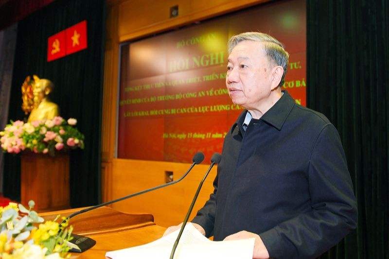  Bộ trưởng Tô Lâm phát biểu khai mạc và chỉ đạo Hội nghị. (Nguồn ảnh: bocongan.gov.vn)