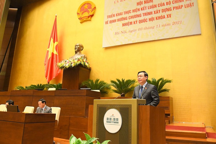 Chủ tịch Quốc hội Vương Đình Huệ phát biểu tại Hội nghị trực tuyến toàn quốc triển khai Kết luận số 19 của Bộ Chính trị. (Nguồn ảnh: Quochoi.vn)