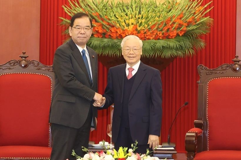 Tổng Bí thư Nguyễn Phú Trọng tiếp ông Shii Kazuo, Chủ tịch Đoàn Chủ tịch Ban Chấp hành Trung ương Đảng Cộng sản Nhật Bản sang thăm và làm việc tại Việt Nam. (Ảnh: TTXVN)