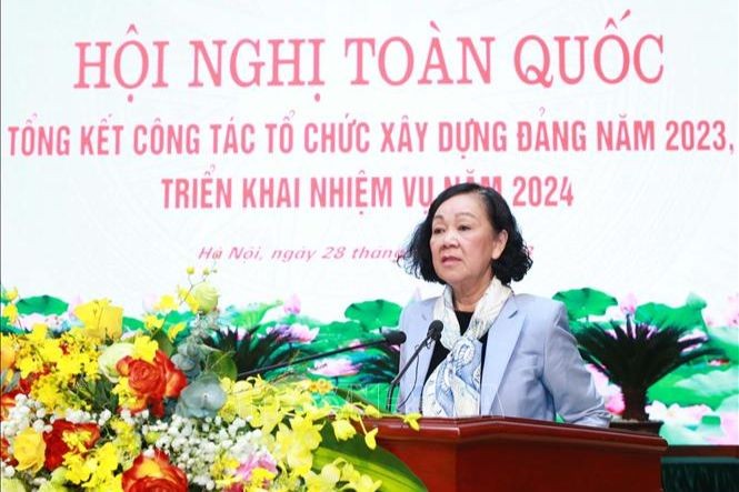 Ủy viên Bộ Chính trị, Thường trực Ban Bí thư, Trưởng Ban Tổ chức Trung ương Trương Thị Mai phát biểu kết luận Hội nghị. (Ảnh: TTXVN)