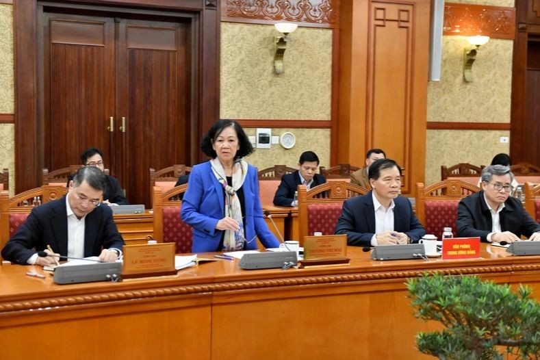 Thường trực Ban Bí thư Trương Thị Mai phát biểu chỉ đạo tại buổi giao ban. (Nguồn ảnh: TTXVN).