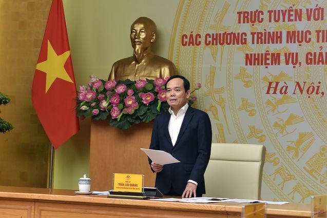 Phó Thủ tướng Trần Lưu Quang phát biểu tại cuộc họp trực tuyến với các địa phương về tiến độ thực hiện 3 Chương trình mục tiêu quốc gia - Ảnh: VGP/Hải Minh.
