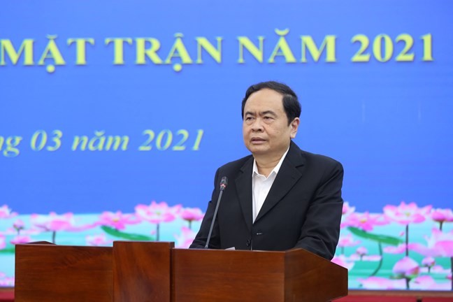 Ủy viên Bộ chính trị, Chủ tịch UBTW MTTQ Việt Nam Trần Thanh Mẫn phát biểu tại hội nghị.