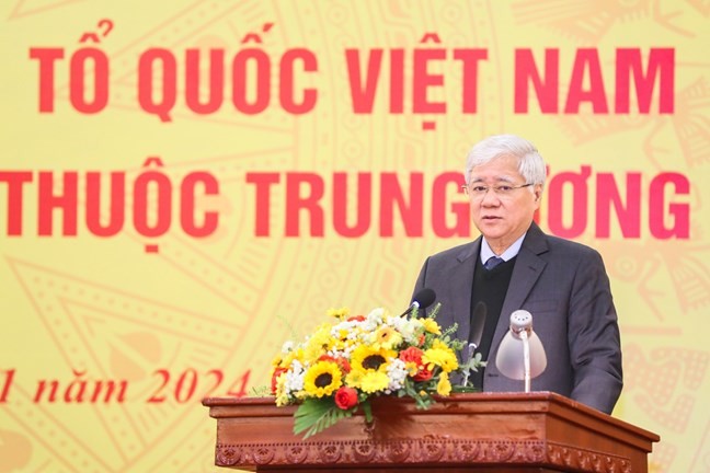 Chủ tịch UBTƯ MTTQ Việt Nam Đỗ Văn Chiến phát biểu tại Hội nghị. Ảnh: Quang Vinh.
