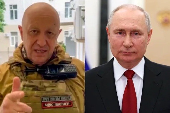 Tổng thống Nga Vladimir Putin (phải) và người đứng đầu tập đoàn Wagner Prigozhin. Ảnh: AP.