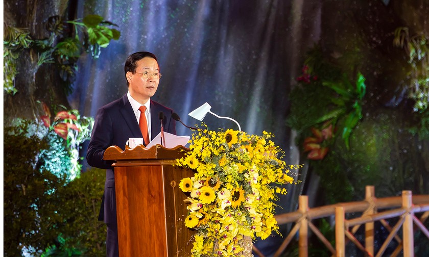 Thường trực Ban Bí thư Võ Văn Thưởng phát biểu tại Lễ Kỷ niệm 110 năm Ngày thành lập tỉnh Kon Tum. 