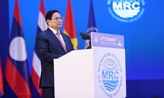 Thủ tướng Phạm Minh Chính phát biểu tại Hội nghị Cấp cao lần thứ 4 Ủy hội sông Mekong quốc tế - Ảnh: VGP/Nhật Bắc