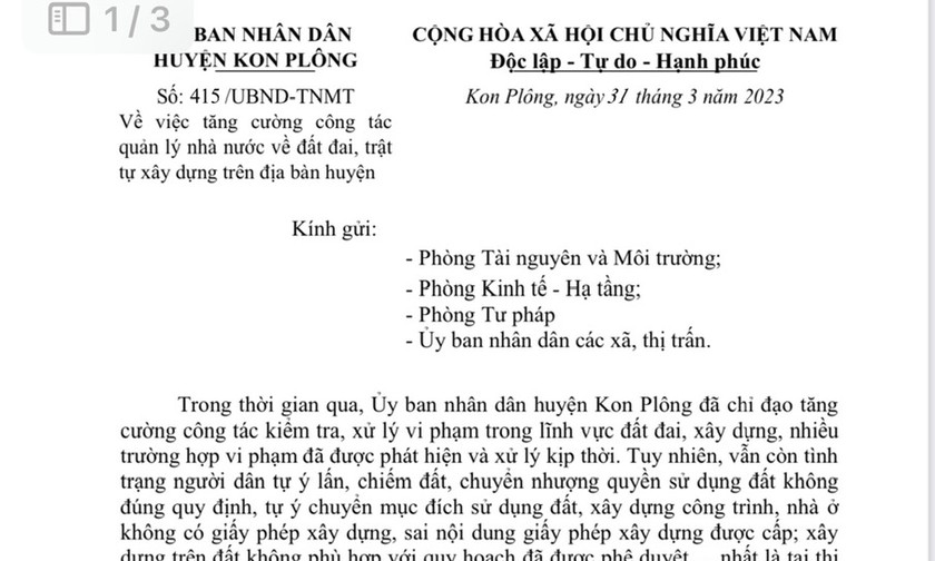 Văn bản của UBND huyện Kon Plông tăng cường công tác quản lý nhà nước về đất đai, trật tự xây dựng trên địa bàn