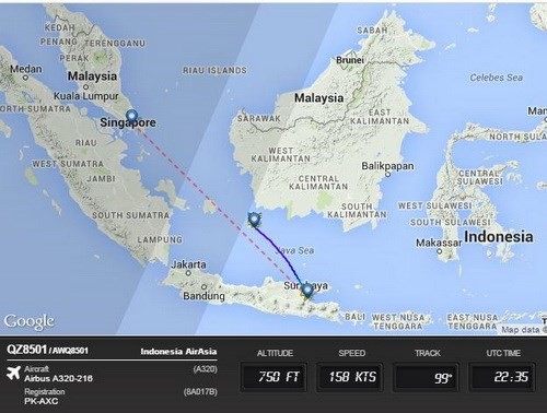 Đường bay của chiếc máy bay thuộc hãng hàng không AirAsia. Ảnh: FlightRadar24