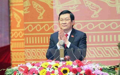 Đồng chí Trương Tấn Sang, Ủy viên Bộ Chính trị, Chủ tịch nước đọc Diễn văn khai mạc Đại hội. (Ảnh: TTXVN)