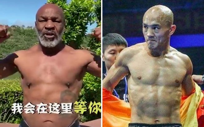 Mike Tyson (trái) mở tài khoản mạng xã hội Trung Quốc, thách thức đấu với Yi Long (phải) 
