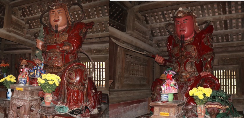 Cặp tượng Hộ Pháp khổng lồ ông Khuyến Thiện (trái) và ông Trừng Ác bằng đất nung tại chùa Thầy. 