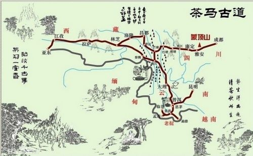Trà mã cổ đạo nối các tỉnh Vân Nam, Tứ Xuyên với Tây Tạng (điểm cuối bên trái trên bản đồ).