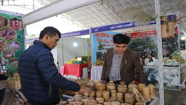 Anh Thái Đăng Dũng đang giới thiệu sản phẩm tại hội chợ thương mại.