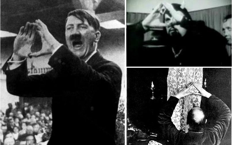 Adolf Hitler ra dấu tay kim tự tháp – biểu tượng của Illuminati và thờ hụng Satan. (Ảnh: jewishpaedophilia.files.wordpress.com). 