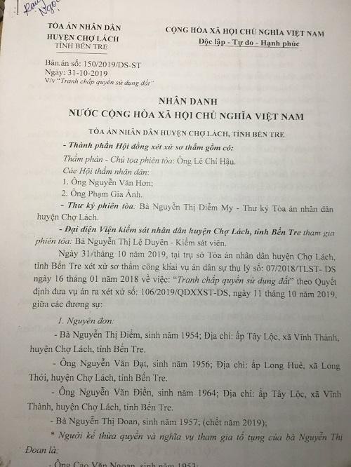  Bản sán sơ thẩm số 150/2019/DS-ST của TAND huyện Chợ Lách (Bến Tre). 