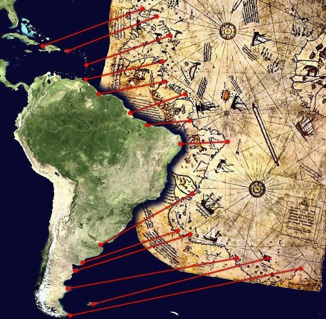Các mảnh sót lại của bản đồ Piri Reis thấy bờ biển miền Trung và Nam Mỹ.