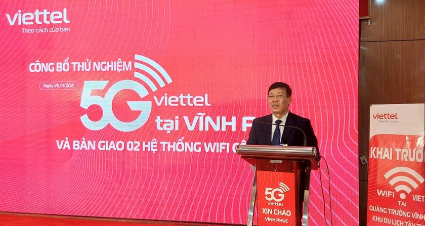 Ông Lê Duy Thành – Phó Bí thư Tỉnh ủy, Chủ tịch UBND tỉnh Vĩnh Phúc phát biểu tại Lễ công bố thử nghiệm 5G. 