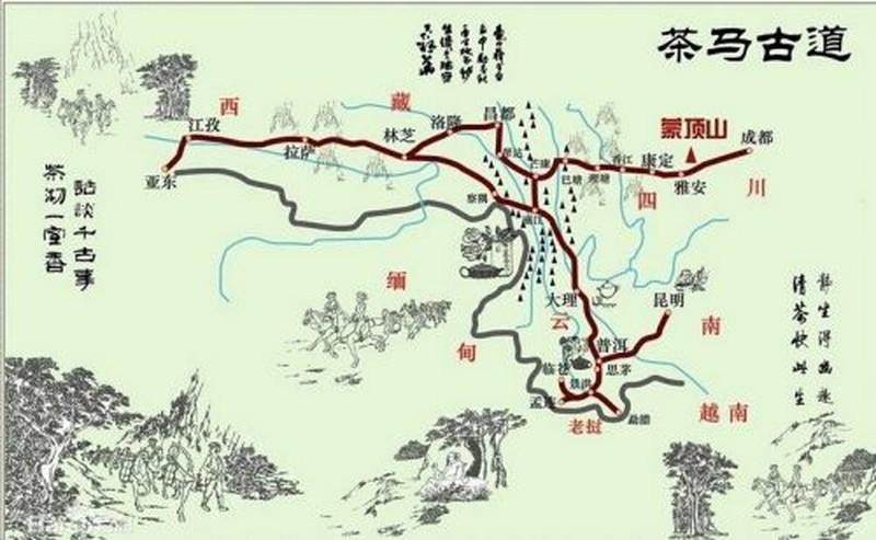 Trà Mã cổ đạo nối các tỉnh Vân Nam, Tứ Xuyên với Tây Tạng (điểm cuối bên trái trên bản đồ).