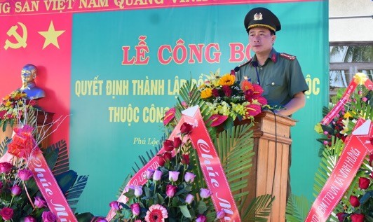 Đại tá Lê Quốc Hùng, Giám đốc Công an tỉnh Thừa Thiên Huế phát biểu tại Lễ công bố
