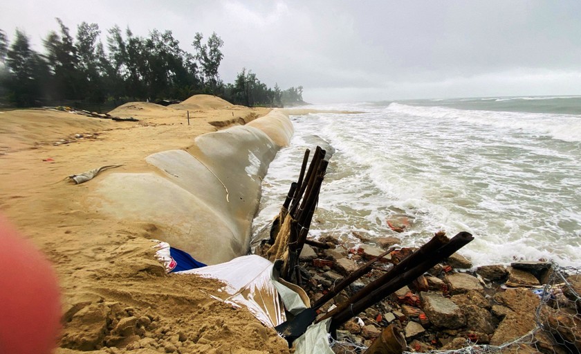Mưa lớn kéo dài gây sạt lở hơn 1,5km bờ biển Quảng Nam. 