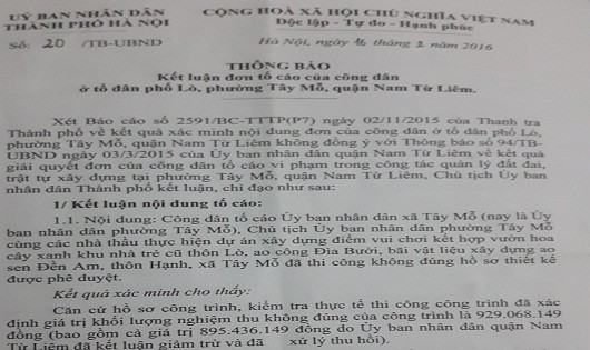 Thông báo kết luận số 20/TB-UBND ngày 16/02/2016 của UBND TP Hà Nội.