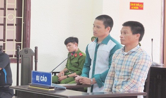 Hồ Văn Mướt (áo sơmi carô) và Hồ Văn Tuẩn tại tòa