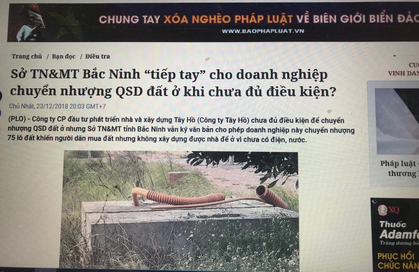Báo Pháp luật Việt Nam đã có bài viết phản ánh về sai phạm của Công ty Tây Hồ tại Dự án Khu đô thị mới Quế Võ