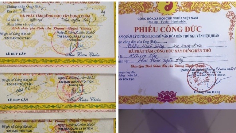Phiếu công đức được đóng dấu và ghi tên ông Mai Xuân Chiến hiện đã không còn là Phó chủ tịch UBND xã Quảng Lưu, huyện Quảng Xương, tỉnh Thanh Hoá.