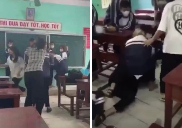 Nữ sinh bị nhóm bạn đánh hội đồng ngay trong lớp học. (Ảnh cắt từ clip).