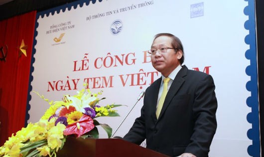 Ủy viên Trung ương Đảng, Bộ trưởng Bộ TT&TT Trương Minh Tuấn phát biểu khai mạc Lễ công bố Ngày Tem Việt Nam.